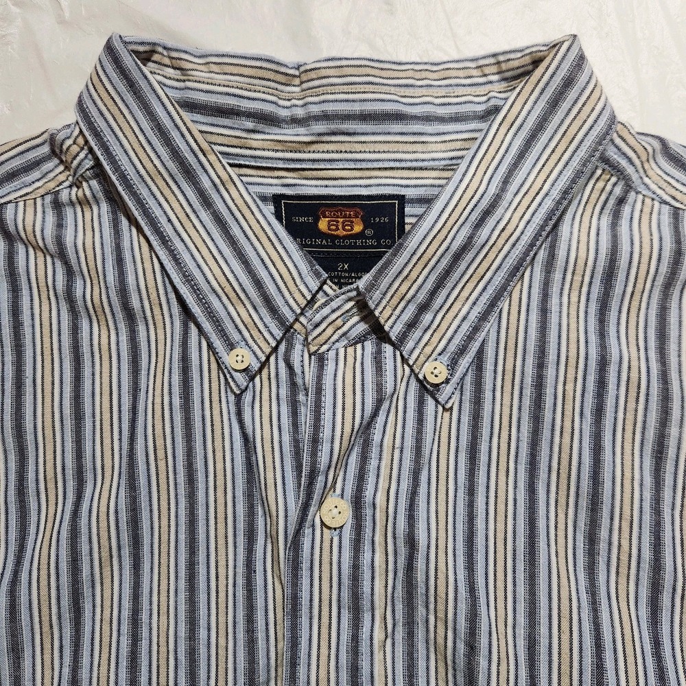 Vtg Route 66 Since 1926 Mens Blue/Beige‎ Striped Short Sleeve Shirt Size 2X